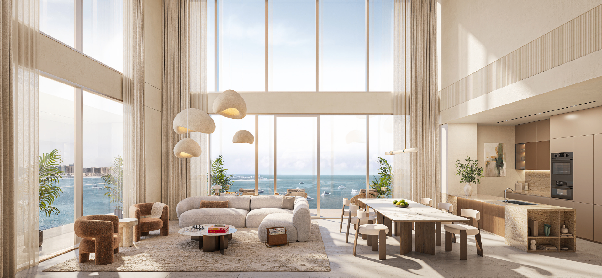 Wohnbereich eines Duplex-Penthouses mit doppelter Raumhöhe und raumhoher Verglasung